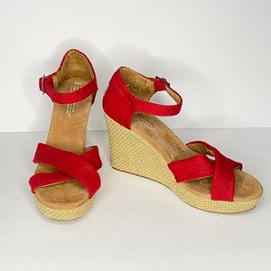 Toms Red Canvas Wedge Sandals Size 8.5